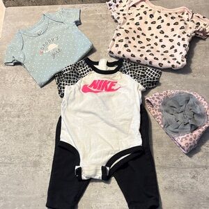 Mixed lot of baby girl clothes- onesies, pants, hat Nike and others 3,6,9 months